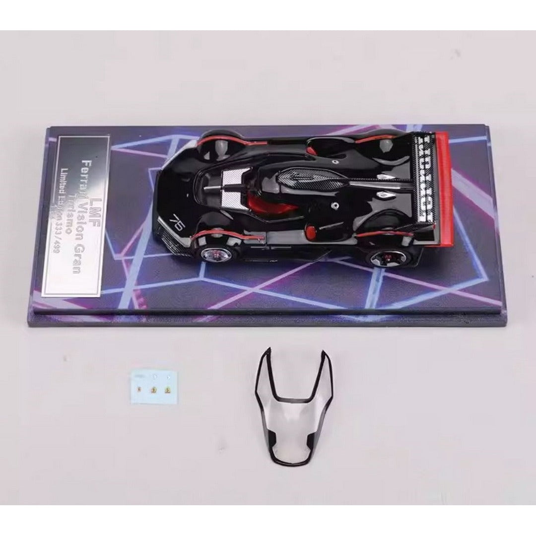 LMF Ferrari Vision Gran Turismo Black top-down view on display base with nameplate
