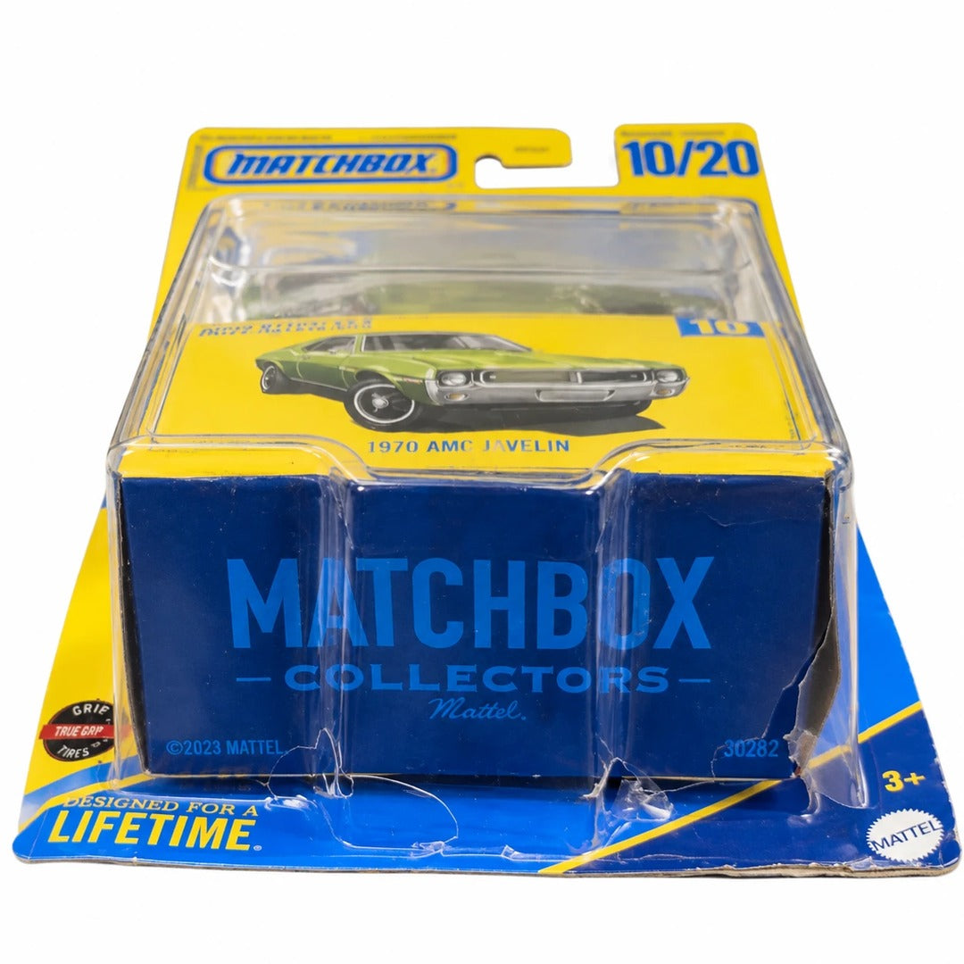Matchbox 1970 AMC Javelin 1:64 diecast model damaged blister packaging front view showing torn card