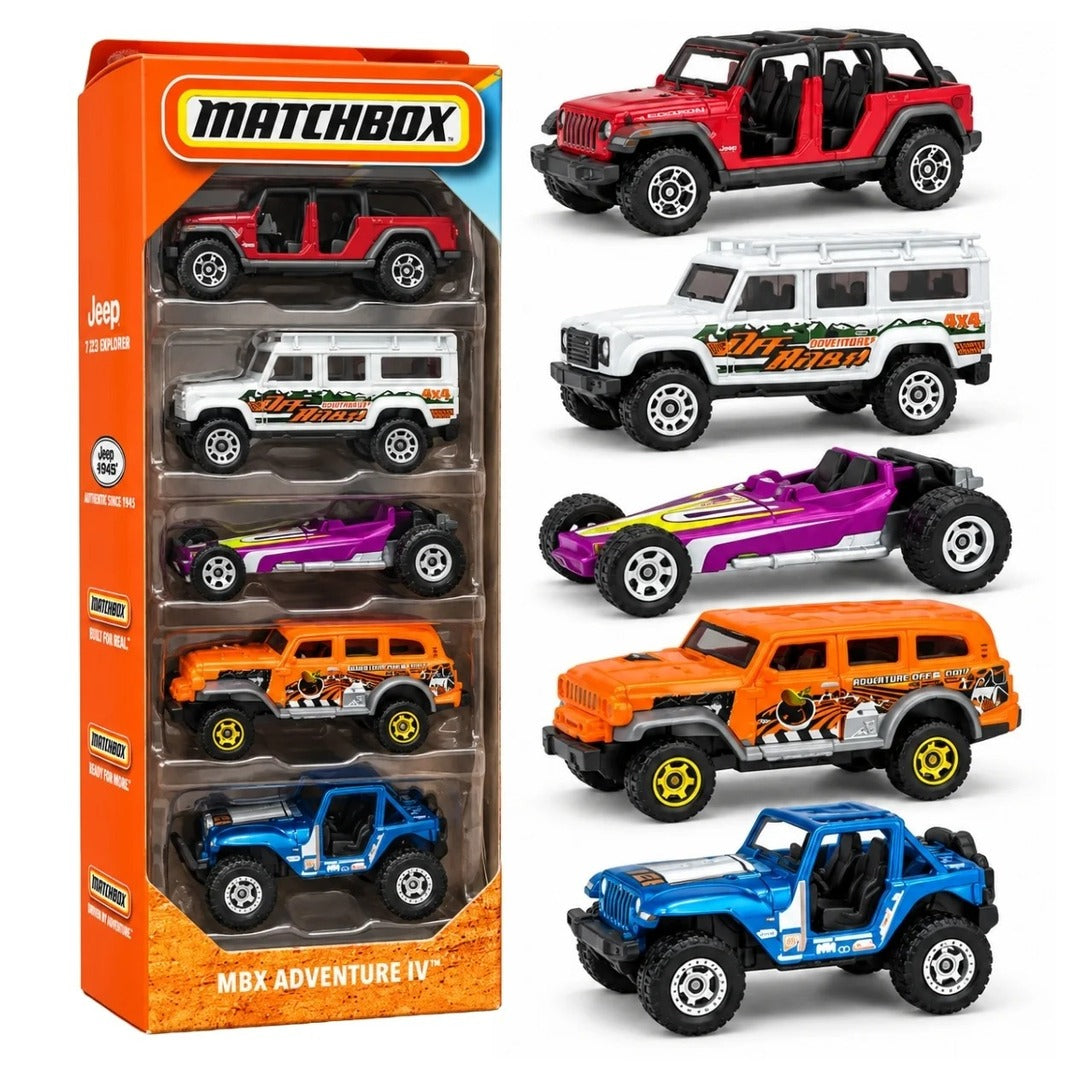 Matchbox MBX Adventure IV 5-Pack box and vehicles
