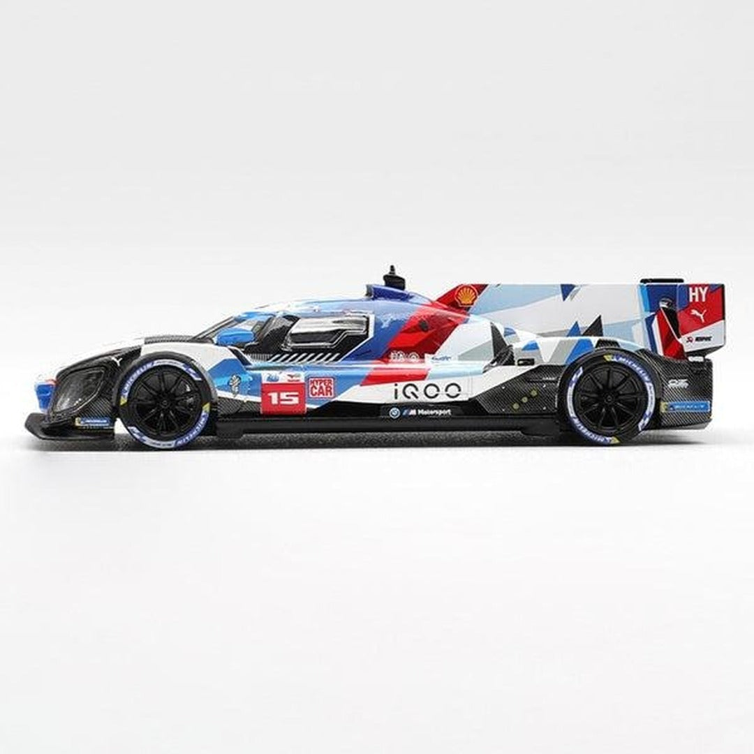 MINI GT 1219 BMW M Hybrid V8 #15 iQOO Hypercar 1:64 diecast model car, side profile view