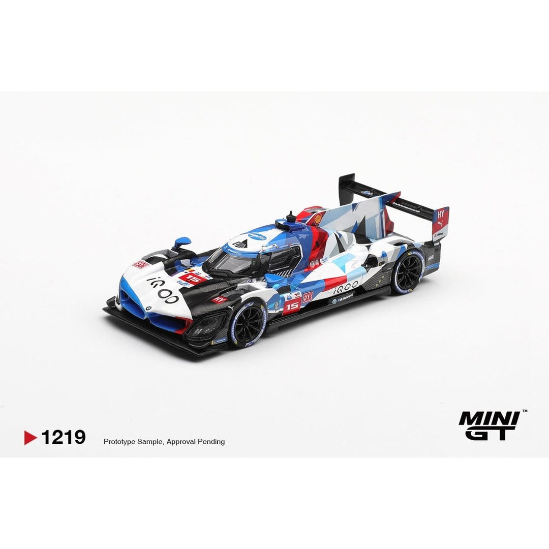MINI GT 1219 BMW M Hybrid V8 #15 iQOO Hypercar 1:64 diecast model car, promotional front three-quarter view, model code 1219