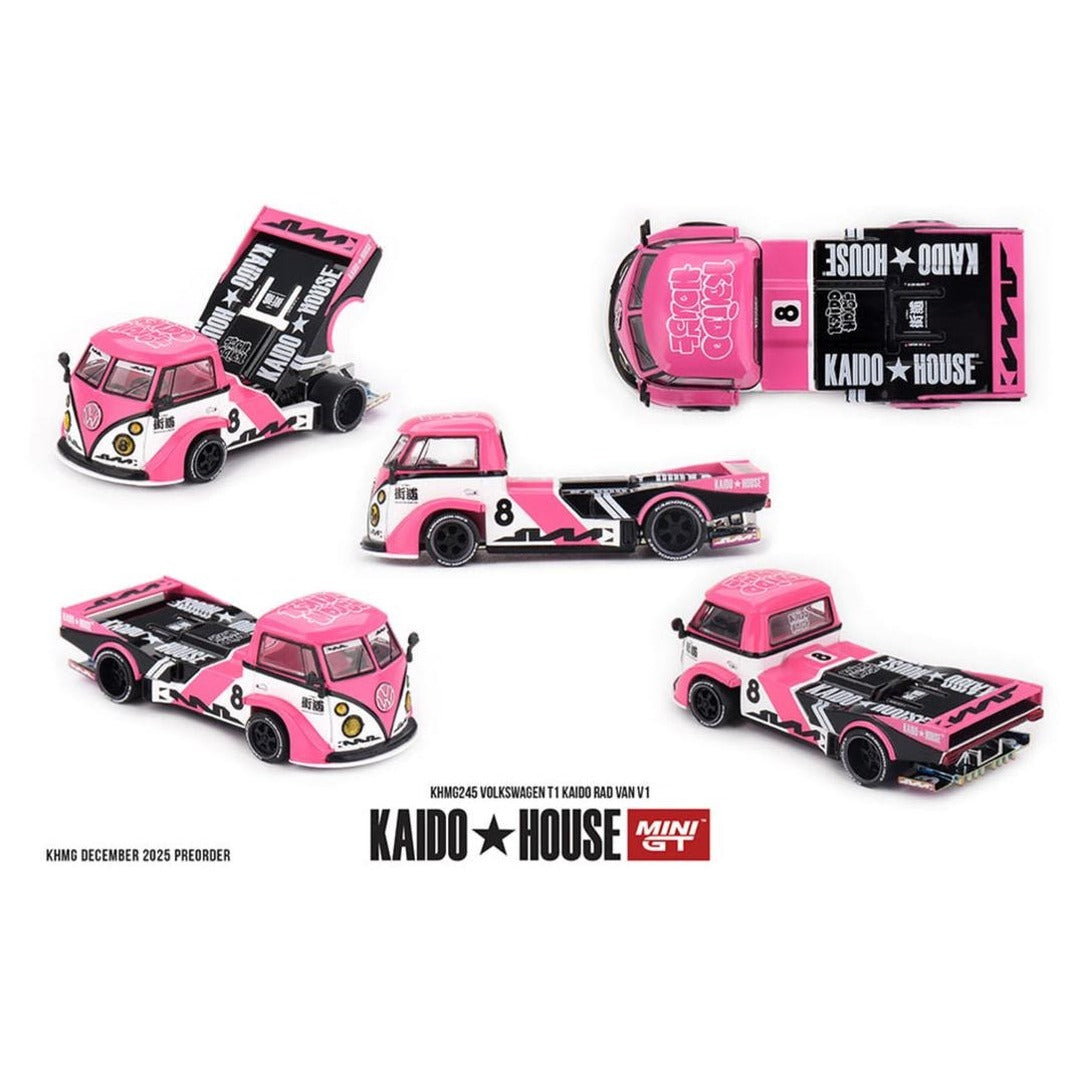 MINI GT × Kaido House #245 Volkswagen T1 KAIDO RAD VAN V1 1:64 diecast model car, multi-angle promotional view