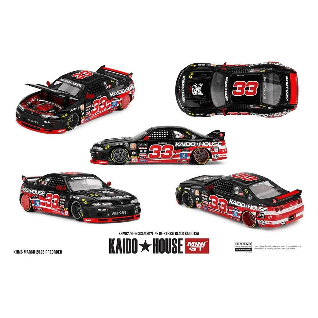 Kaido House × MINI GT Nissan Skyline GT-R (R33) Black Kaido Cat 1:64 diecast model car, multi-angle promotional view