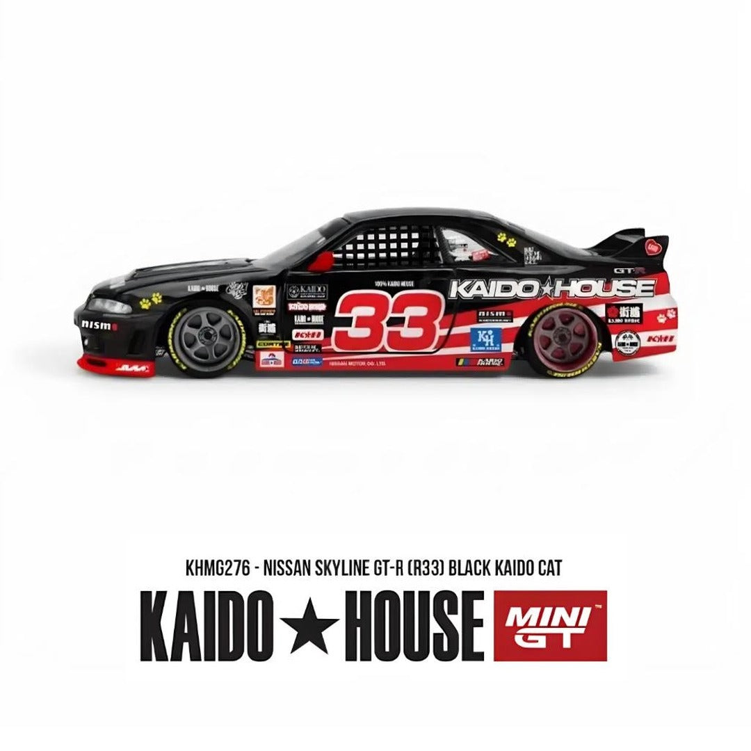 Kaido House × MINI GT Nissan Skyline GT-R (R33) Black Kaido Cat 1:64 diecast model car, side profile view