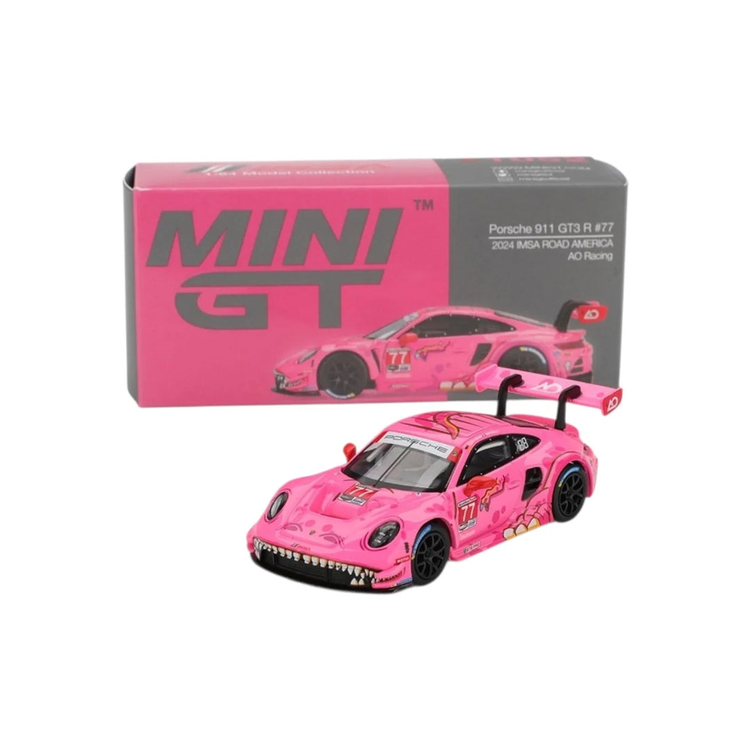 MINI GT #1052 Roxy Porsche 911 GT3 R #77 AO Racing 2024 IMSA Road America diecast model car - box front
