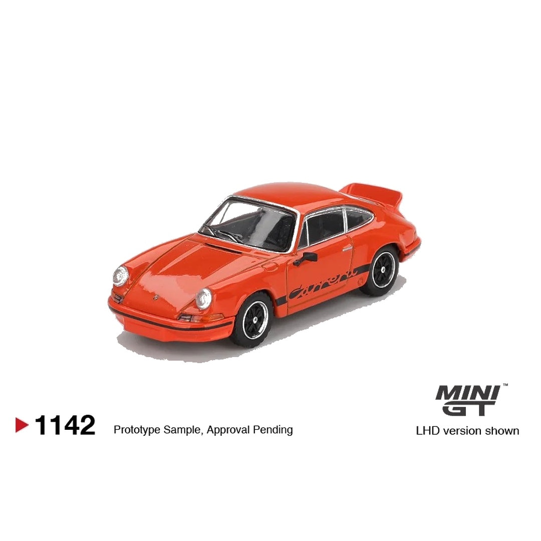 Mini GT #1142 Porsche 911 Carrera RS 2.7 Tangerine with Black Livery 1:64 diecast model car - front three-quarter view