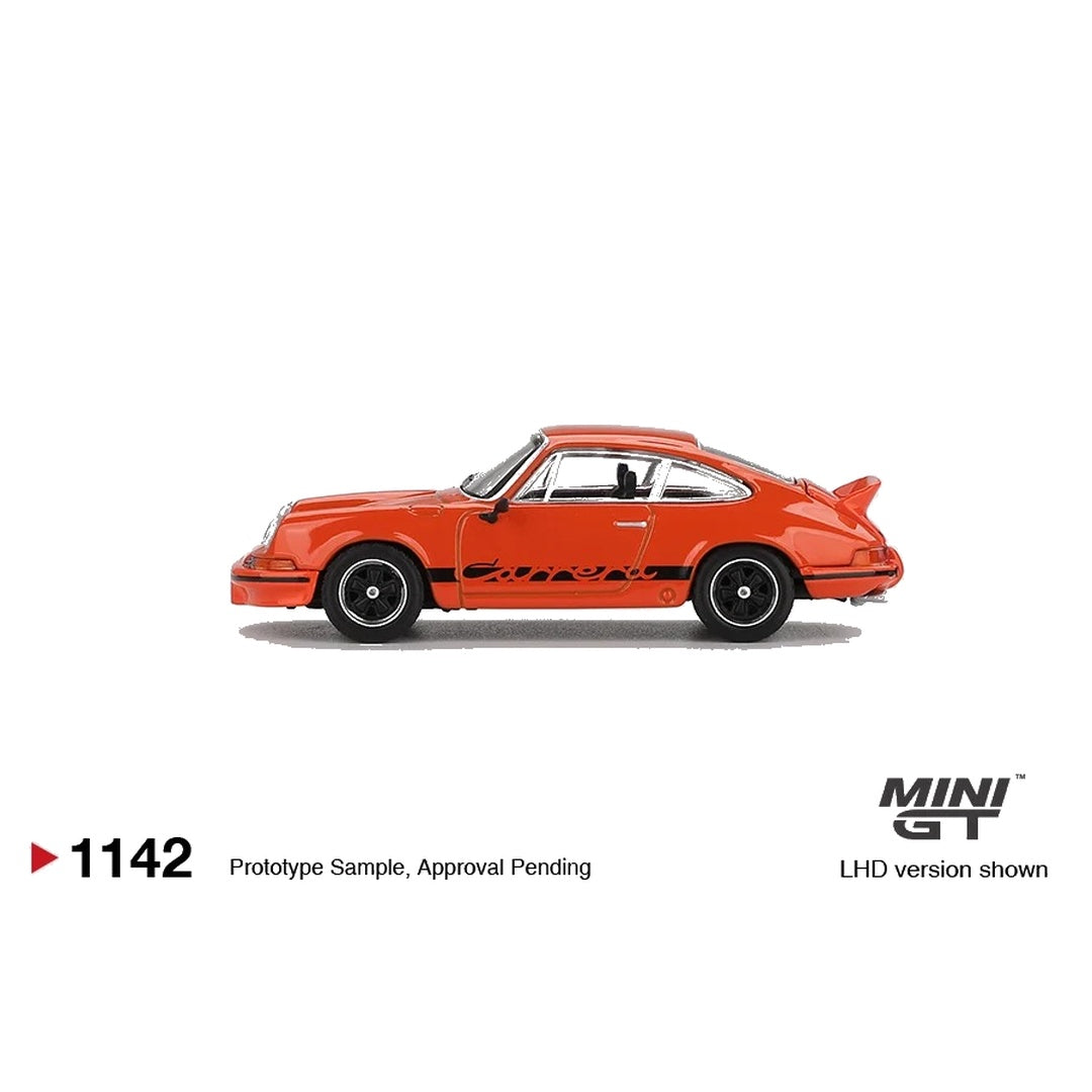 Mini GT #1142 Porsche 911 Carrera RS 2.7 Tangerine with Black Livery 1:64 diecast model car - side profile