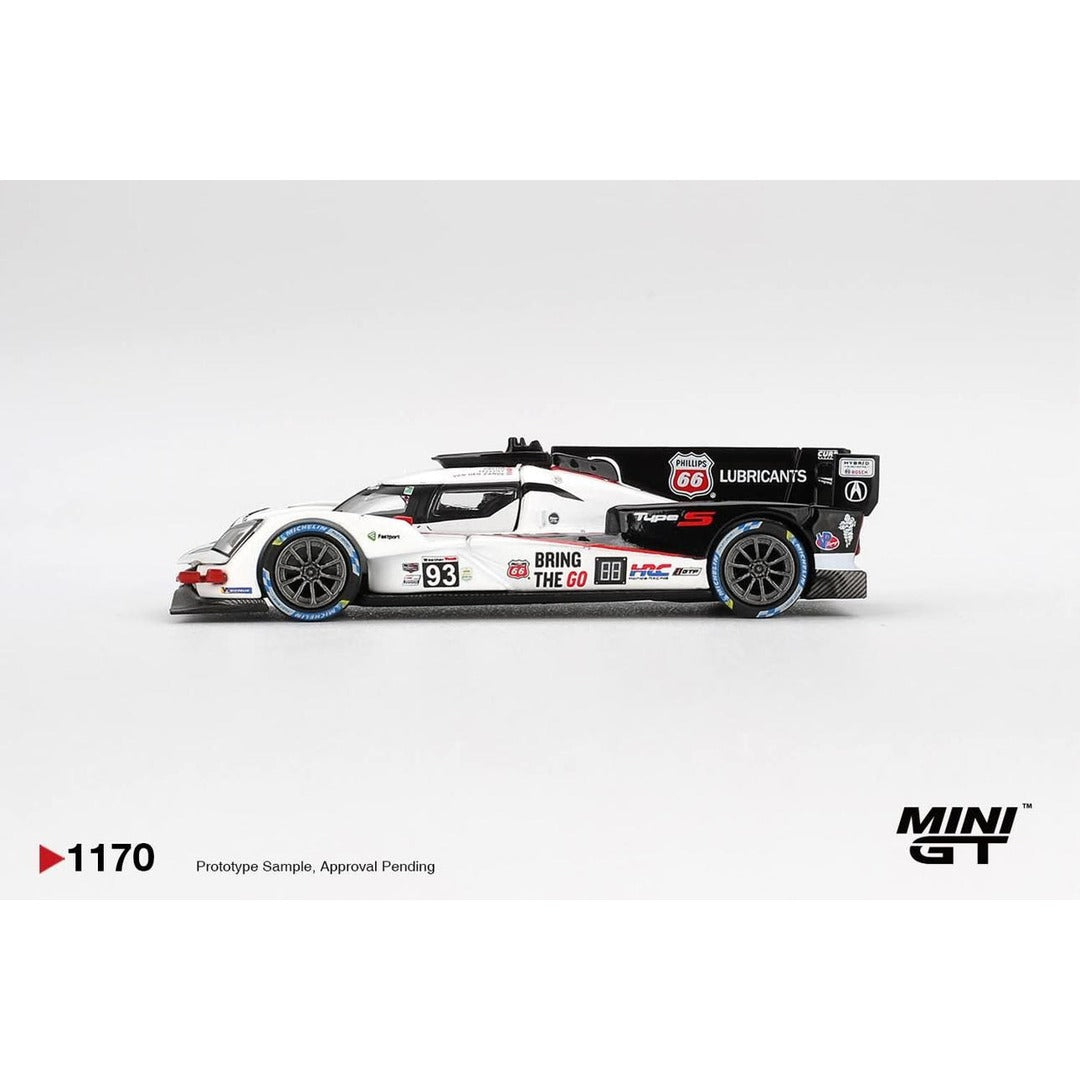 MINI GT #1170 Acura ARX-06 GTP #93 Acura Meyer Shank Racing 2025 IMSA Daytona 1:64 diecast model car, side profile view
