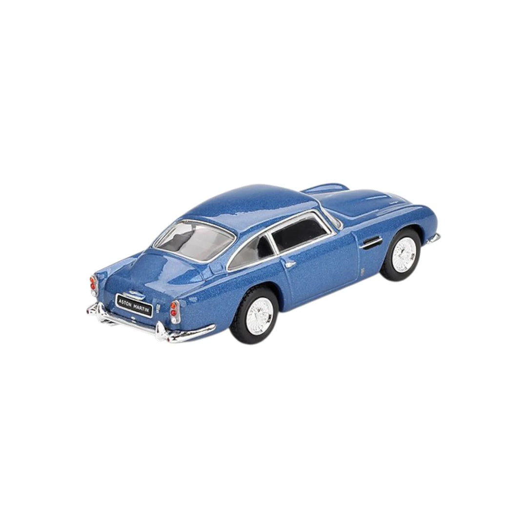 Mini GT #954 Aston Martin DB5 Sierra Blue 1:64 diecast model car - rear three-quarter view