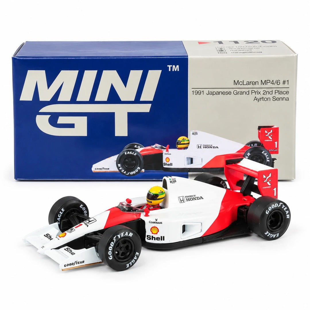 MINI GT #1120 McLaren MP4/6 #1 1991 Japanese Grand Prix 2nd Place Ayrton Senna 1:64 Diecast Model Car