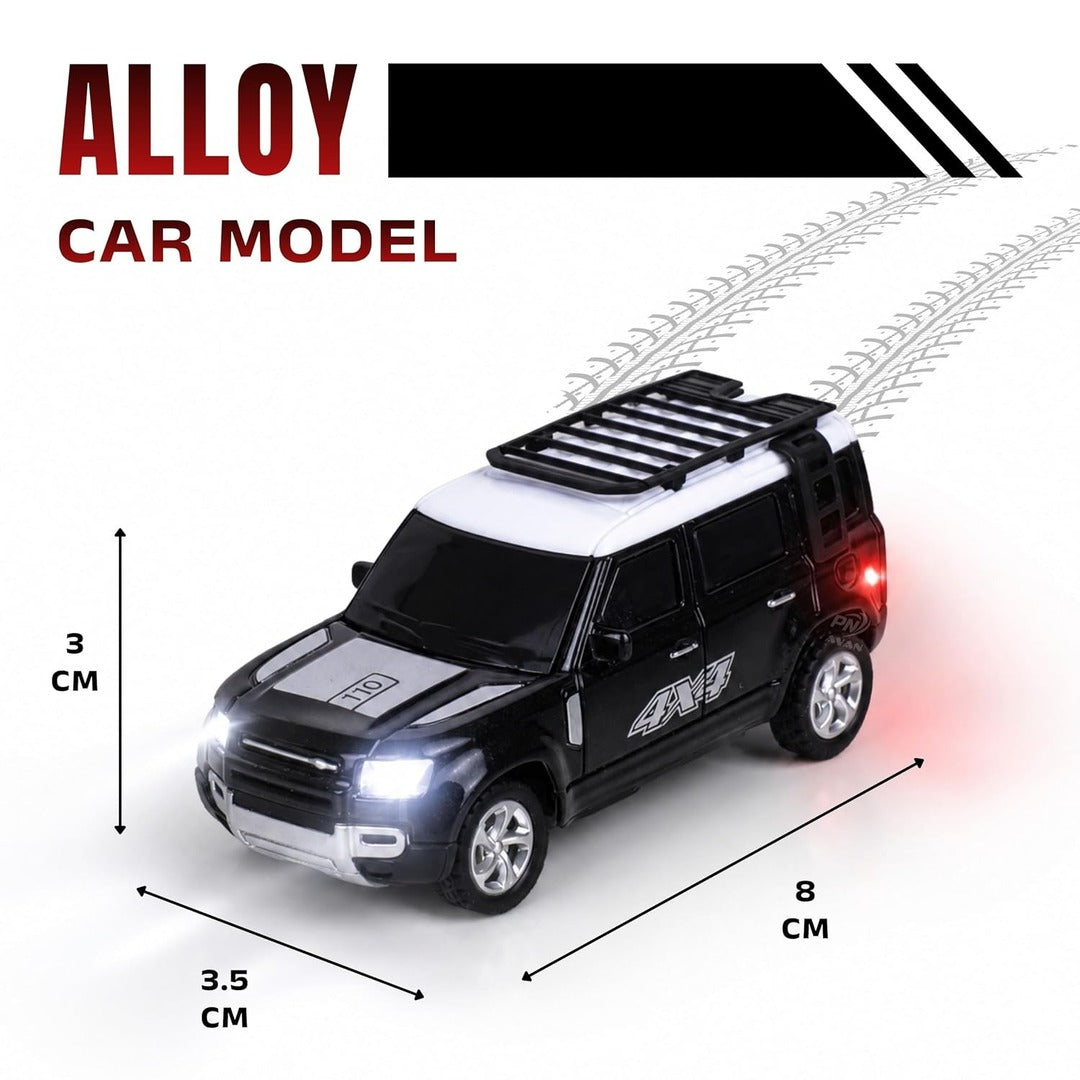 Mini RC Car Land Rover Defender with remote control, USB charging cable and feature icons