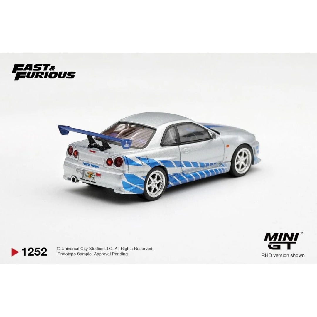 Mini GT 1252 Fast & Furious Nissan Skyline GT-R R34 1:64 diecast model rear three-quarter view