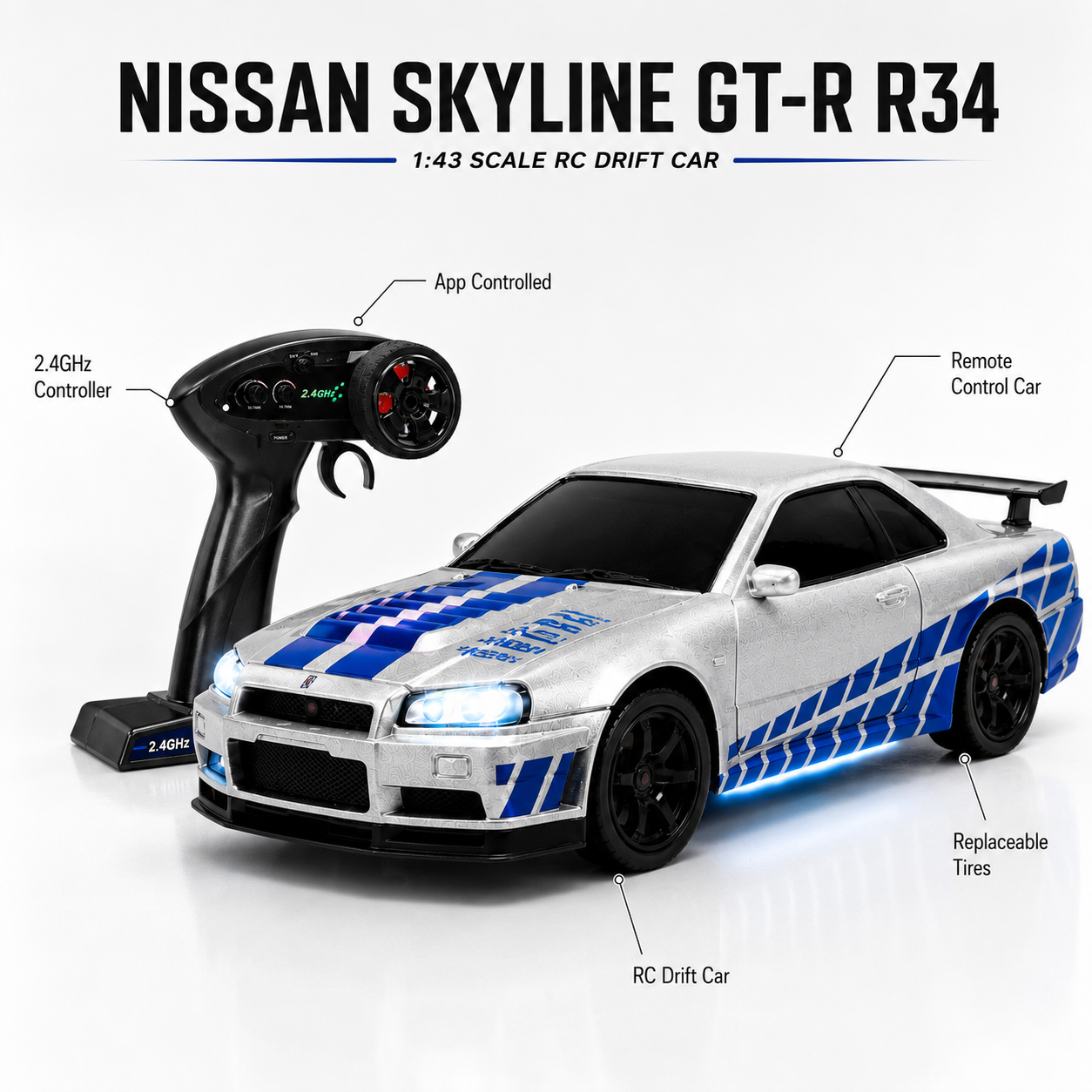 Nissan Skyline GT-R R34 RC Drift Car – 1:43 Scale Remote Control Racing Car with 2.4GHz Controller
