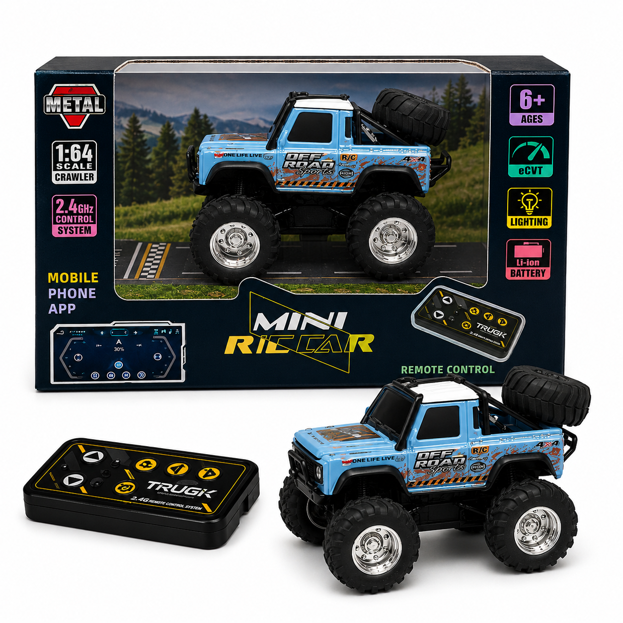 Trasped Mini Remote Control Monster Truck with LED Lights, 2.4GHz Remote & App Control (Blue)