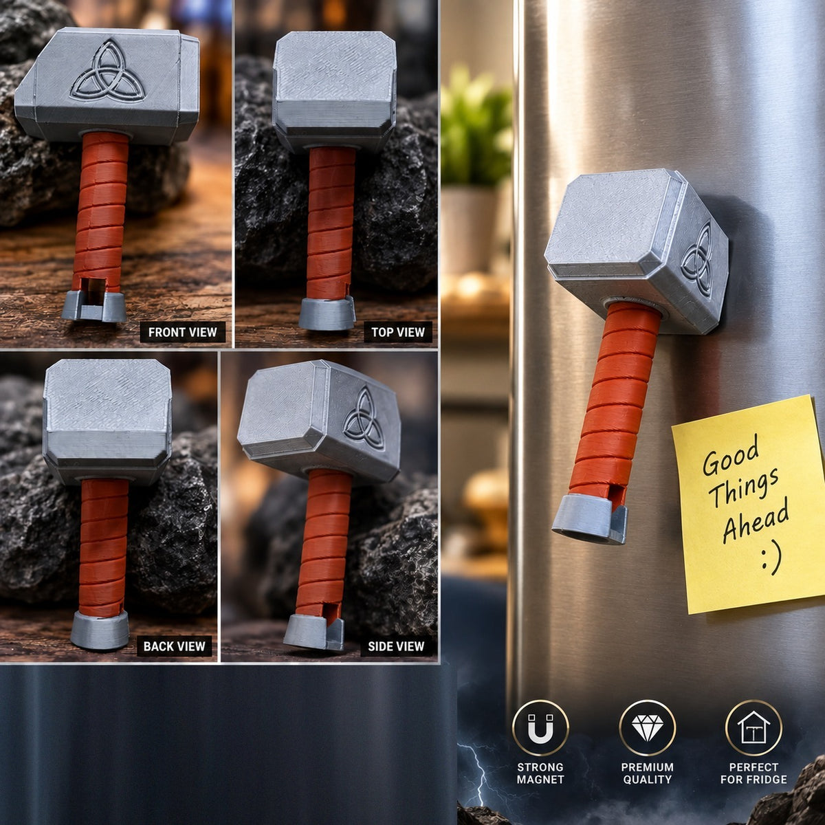 Superhero Hammer Fridge Magnet with mounting views and on-fridge lifestyle shot