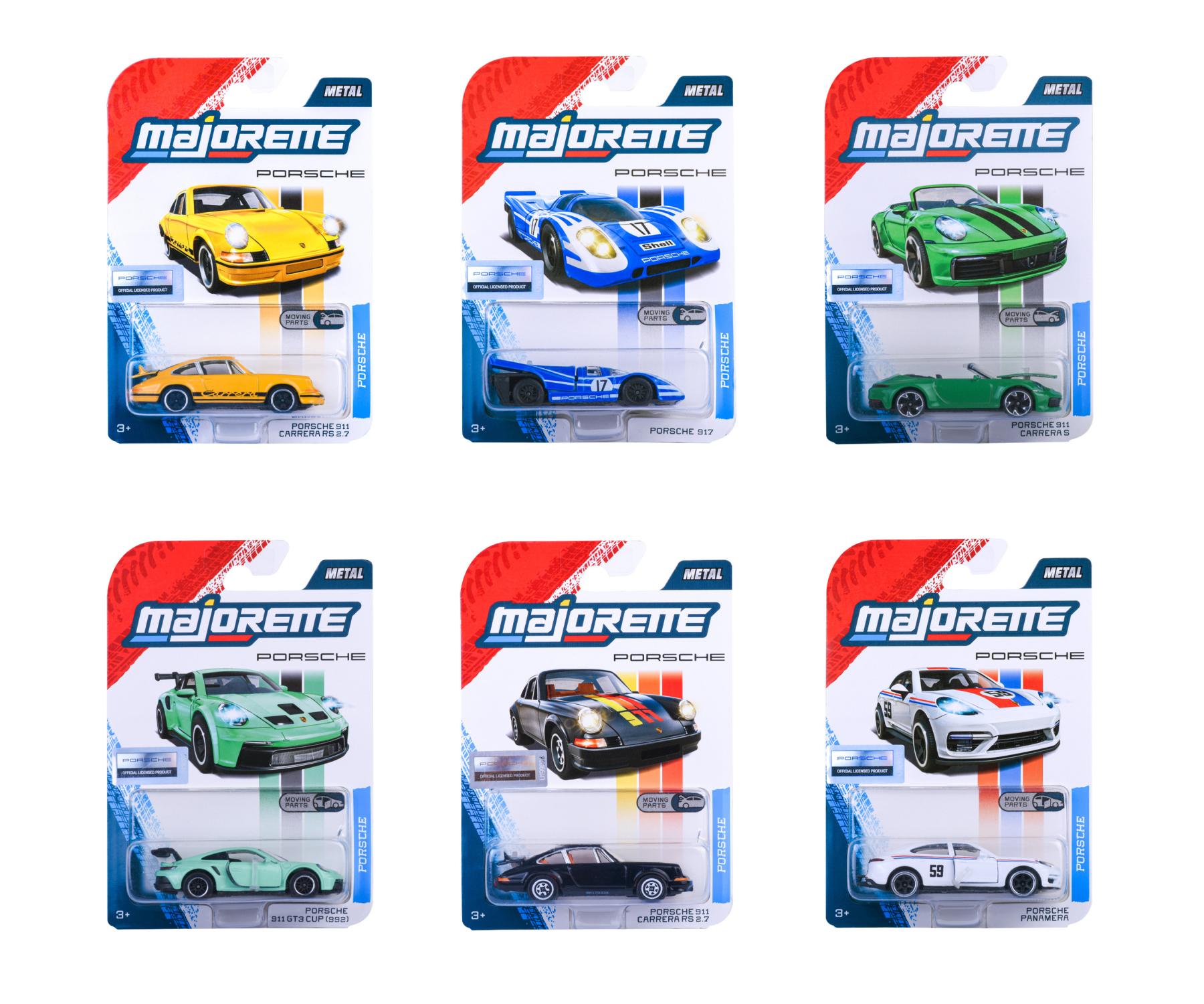 Majorette Porsche Premium Cars, 6-asst. - with Freewheel and Opening Parts Car Model - Set of 6