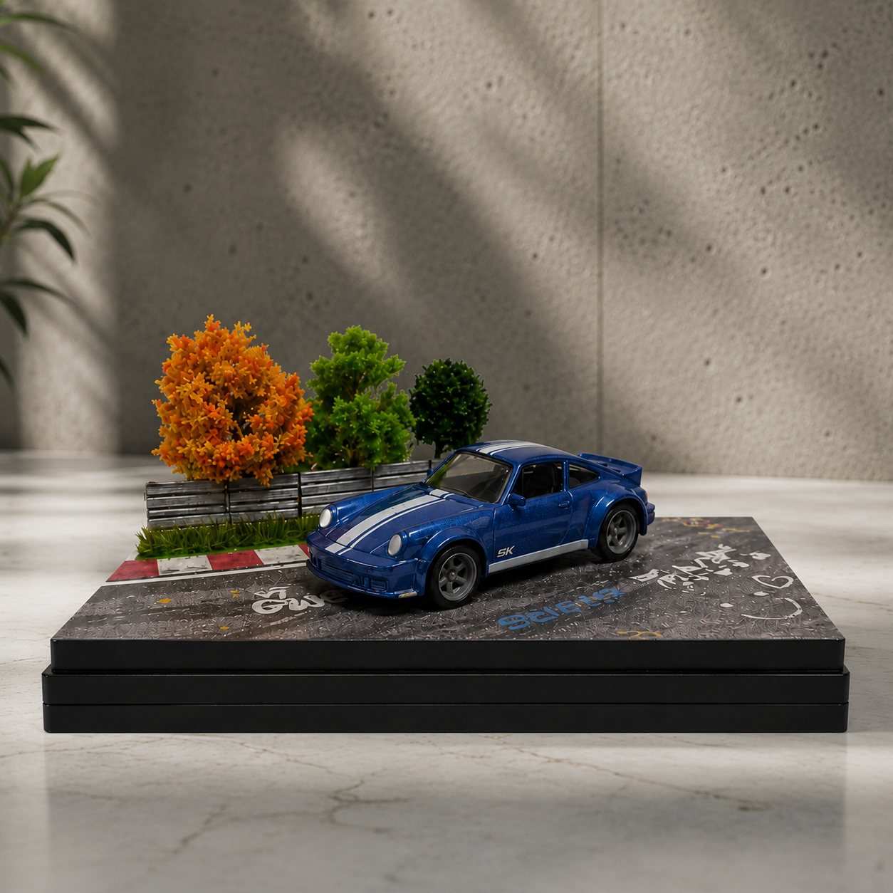 Blue Sports Car Miniature 1:64 Diorama Display – Premium Roadside Scene with Acrylic Case