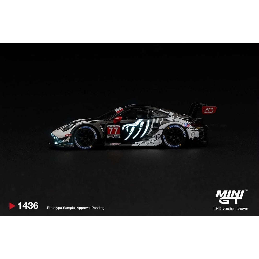 PREORDER Porsche 911 GT3 R (992) #77 AO Racing Skeleton Rexy 2026 IMSA Petit Le Mans MINI GT 1:64 Diecast Model Car Blister Packaging