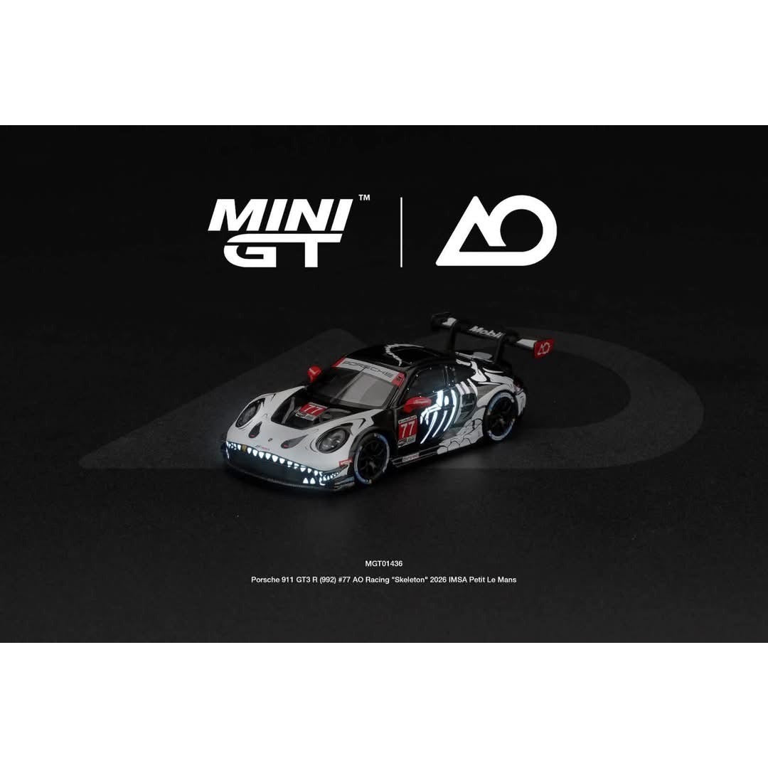 PREORDER Porsche 911 GT3 R (992) #77 AO Racing Skeleton Rexy 2026 IMSA Petit Le Mans MINI GT 1:64 Diecast Model Car Blister Packaging