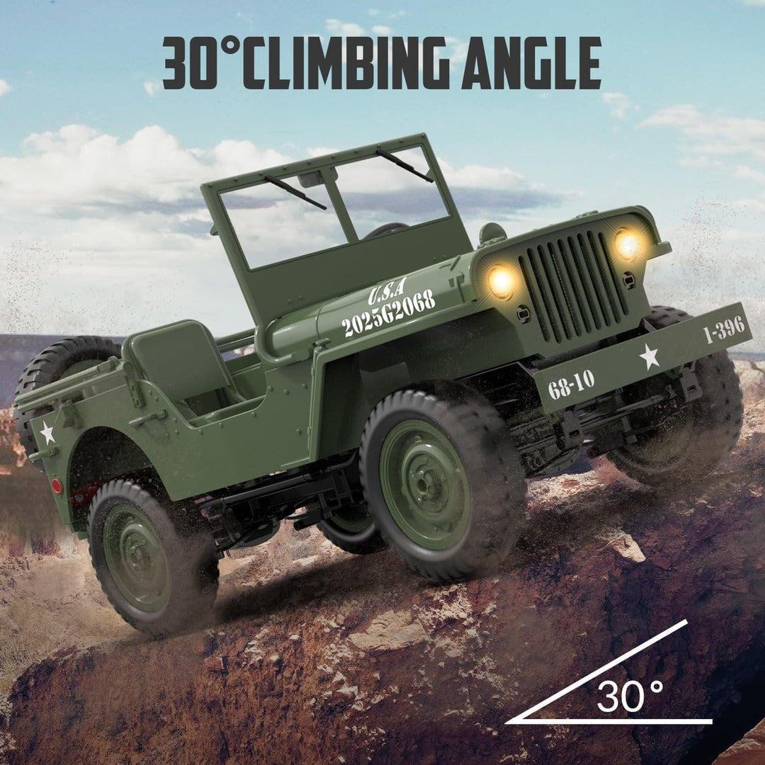 RC Military Jeep climbing 30 degree angle off-road