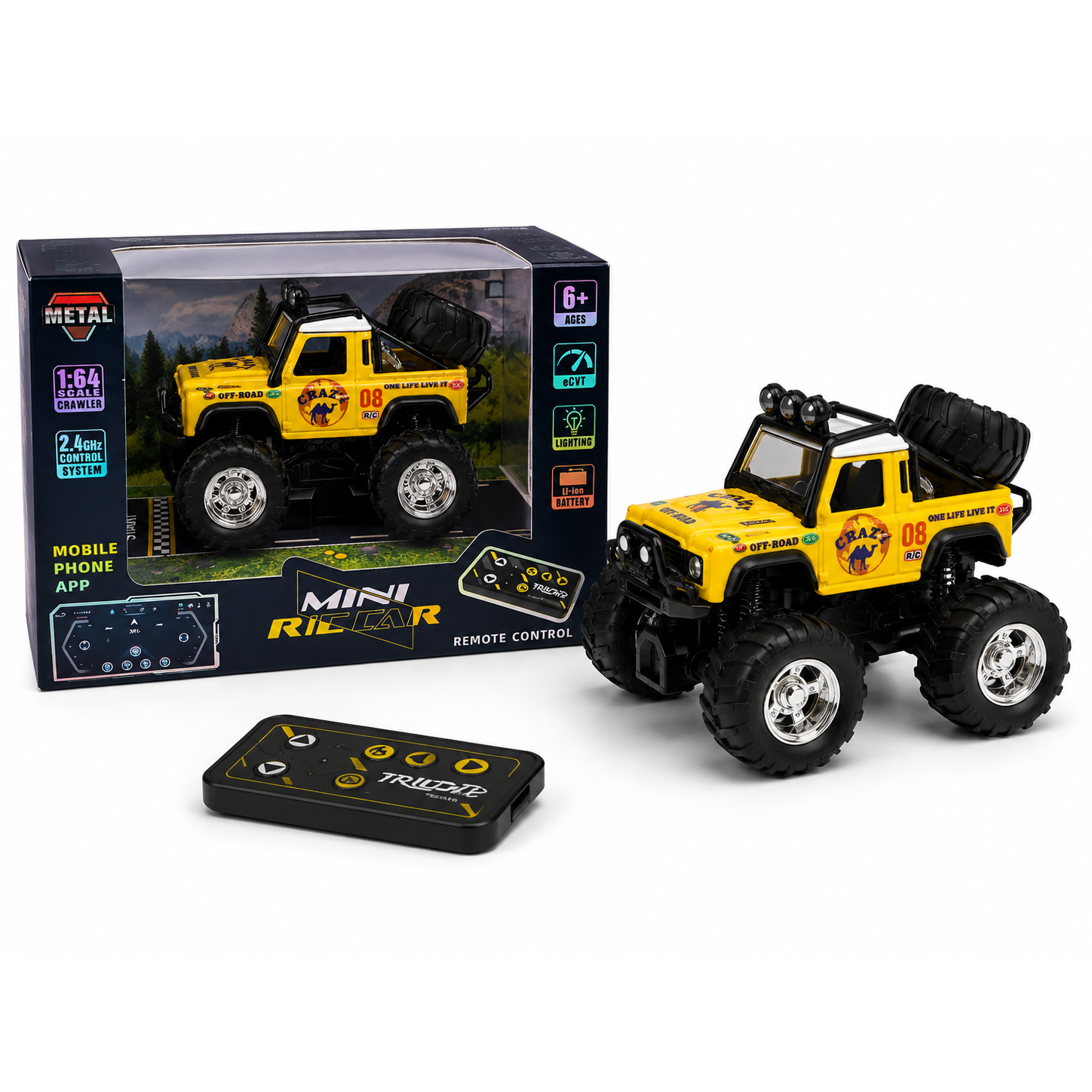 Trasped Mini Remote Control Monster Truck with LED Lights, 2.4GHz Remote & App Control (Yellow)