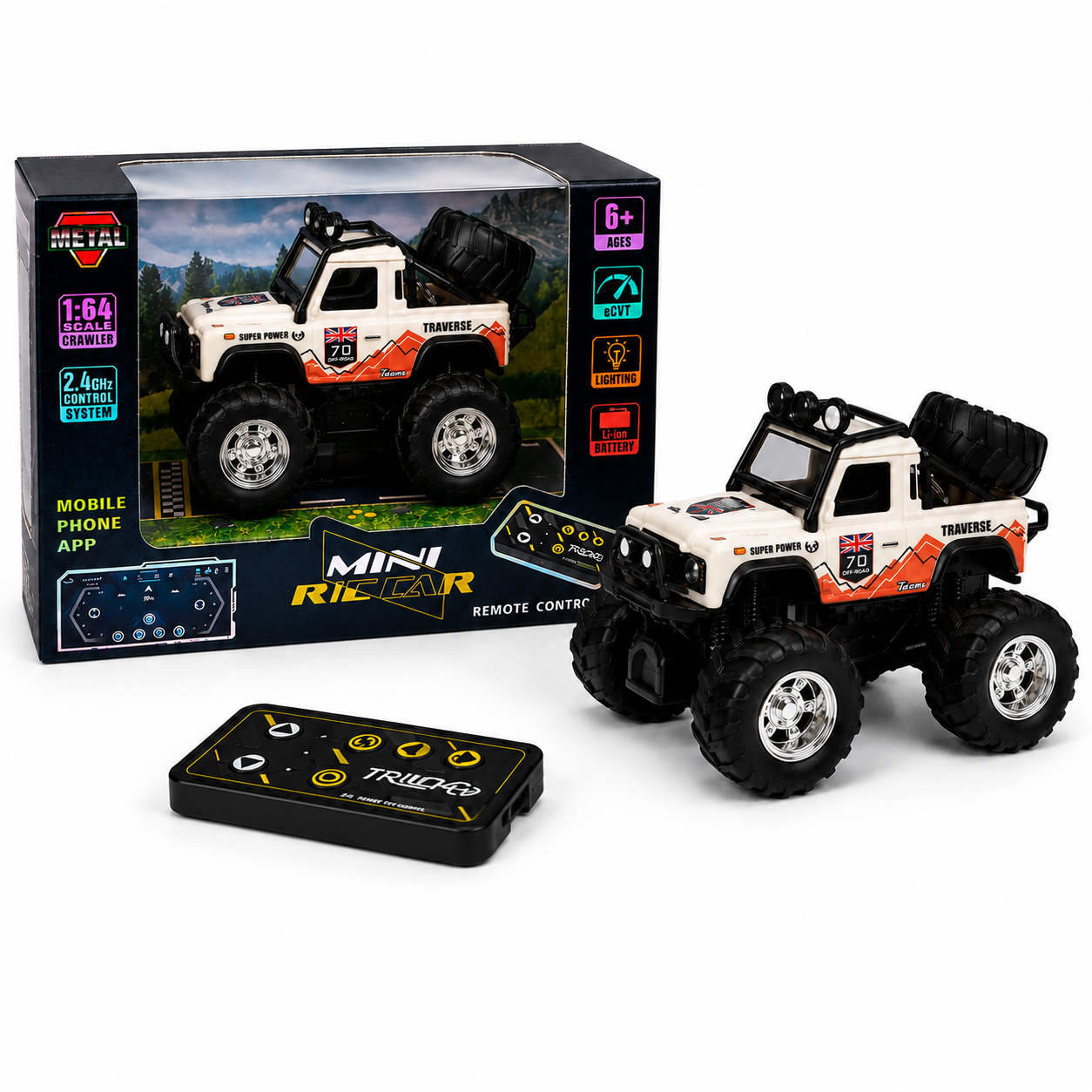 Trasped Mini Remote Control Monster Truck with LED Lights, 2.4GHz Remote & App Control (White)