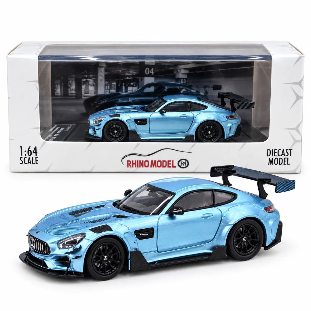 Rhino Model Mercedes-AMG GT S Widebody Sky Blue Chrome 1:64 Diecast Model Car with box