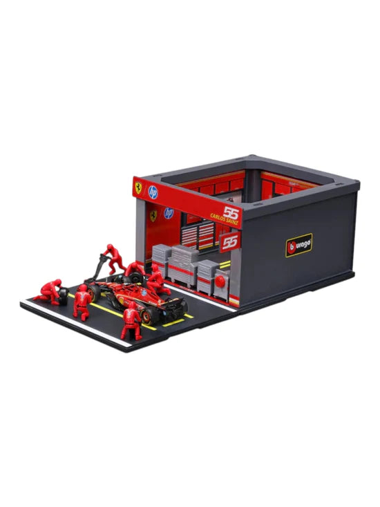 Bburago Garage Kit Pit Stop Ferrari with SF-24 #55 Carlos Sainz Diecast Model Set – 1:43 Scale
