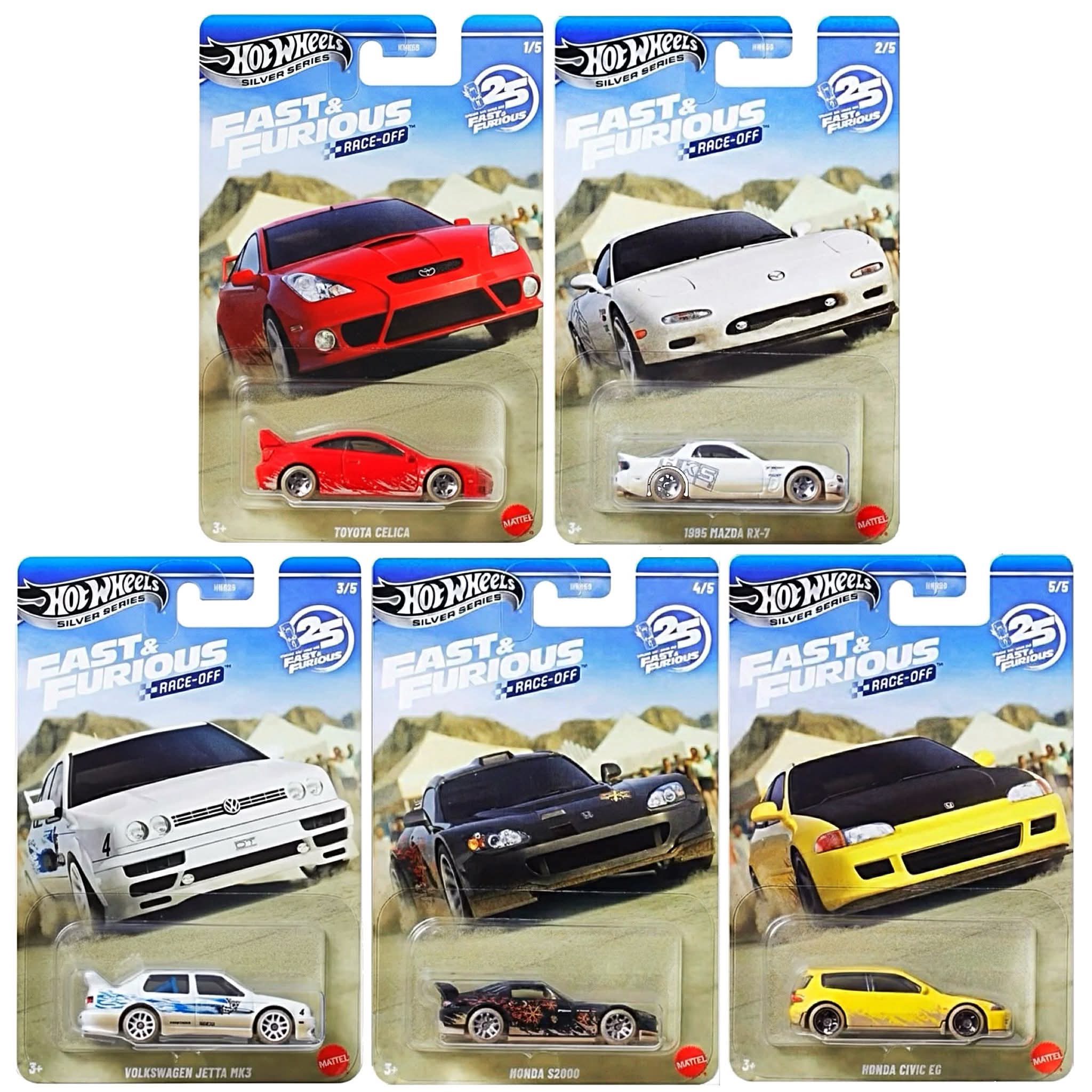 Hot Wheels Fast & Furious Race-Off Set of 5 Die-Cast Cars | Silver Series Collector Pack | Toyota Celica, Mazda RX-7, Honda S2000, Civic EG & Volkswagen Jetta MK3