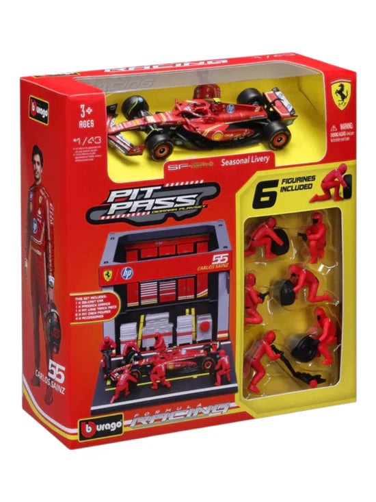 Bburago Garage Kit Pit Stop Ferrari with SF-24 #55 Carlos Sainz Diecast Model Set – 1:43 Scale