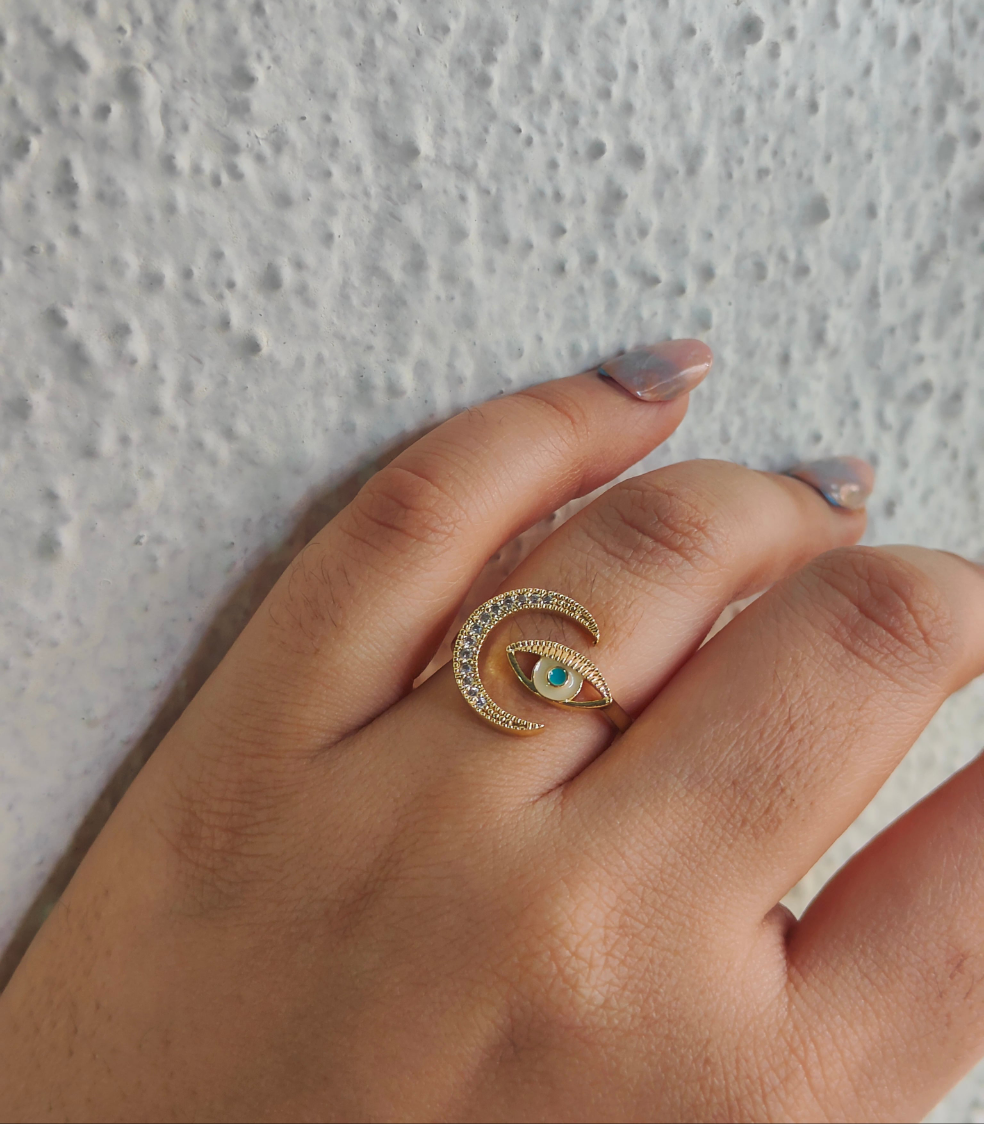 Crescent Moon Evil Eye Ring