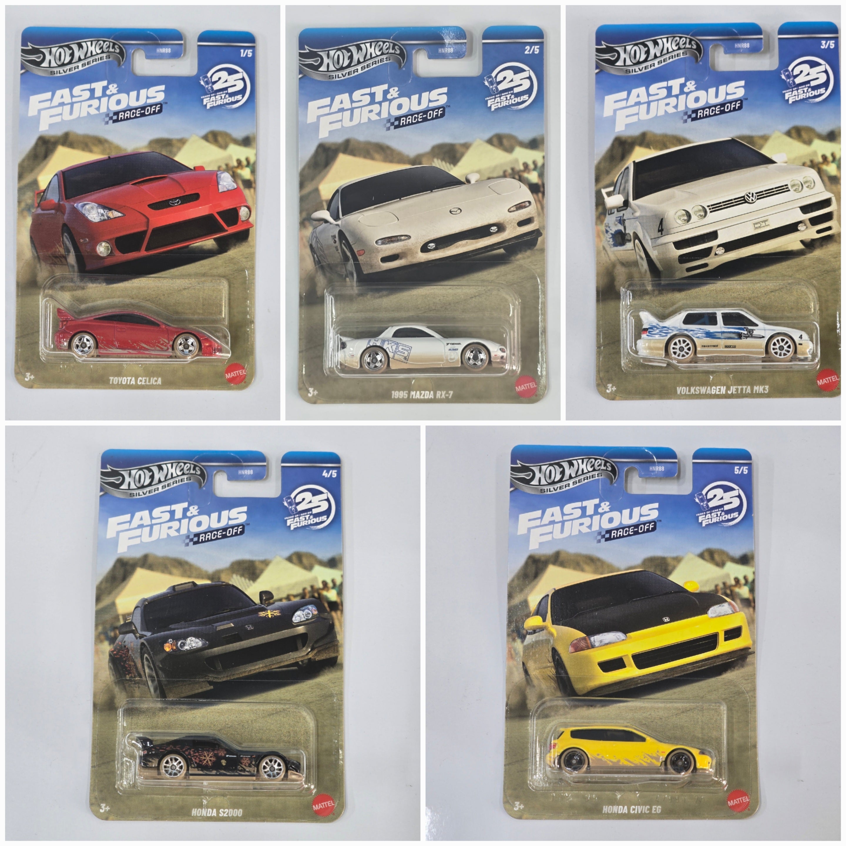 Hot Wheels Fast & Furious Race-Off Set of 5 Die-Cast Cars | Silver Series Collector Pack | Toyota Celica, Mazda RX-7, Honda S2000, Civic EG & Volkswagen Jetta MK3
