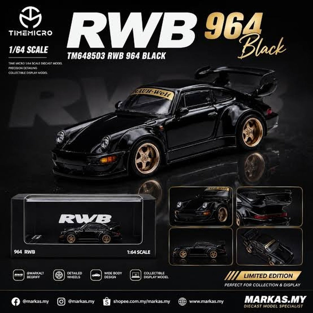 TimeMicro RWB 964 Black 1:64 Scale Alloy Diecast Model Car