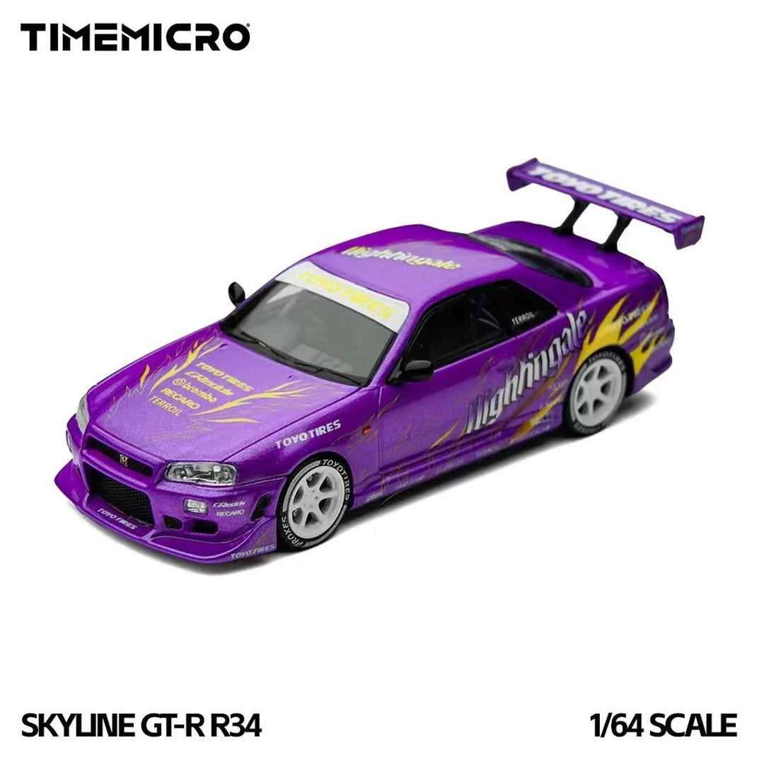 Time Micro Nissan Skyline GT-R R34 Nightingale Purple 1:64 Diecast Model Car front three-quarter view