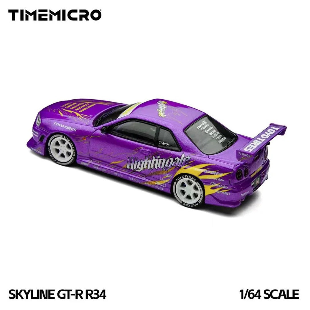 Time Micro Nissan Skyline GT-R R34 Nightingale Purple rear three-quarter angled view