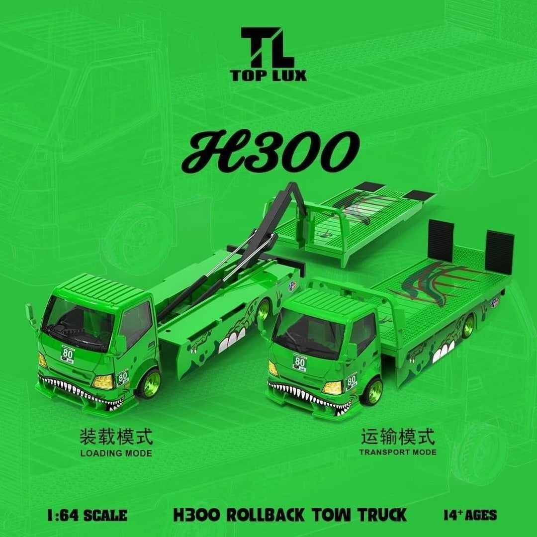 TOP LUX H300 Rollback Tow Truck Green 1:64 Scale Diecast Model Car