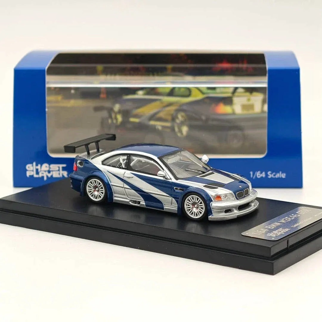 PRE-ORDER Ghost Player BMW M3 E46 GTR Blue Silver 1:64 diecast model car with window-box packaging