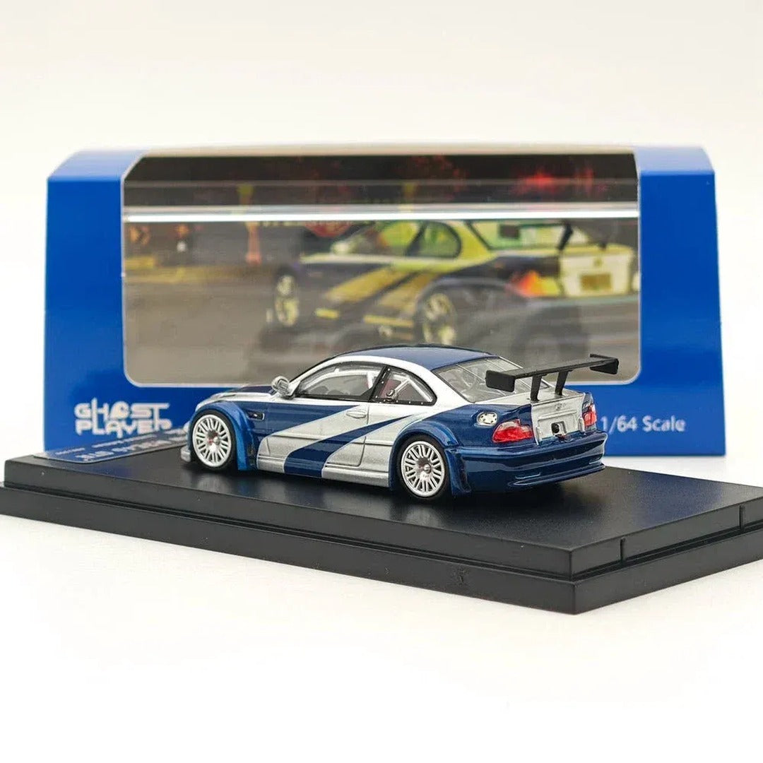PRE-ORDER Ghost Player BMW M3 E46 GTR Blue Silver 1:64 diecast model car, three-quarter view
