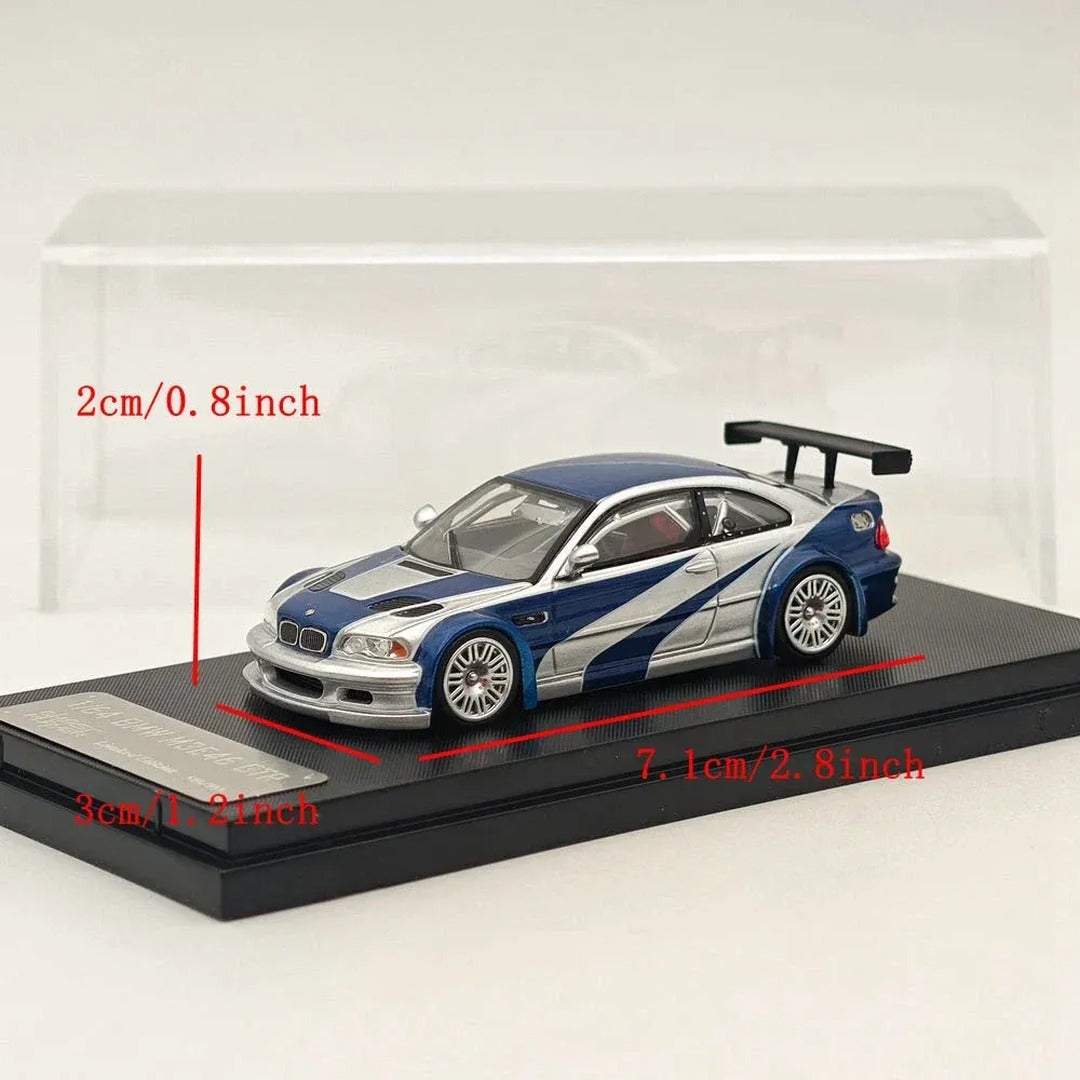 PRE-ORDER Ghost Player BMW M3 E46 GTR Blue Silver 1:64 diecast model car, size reference measurements