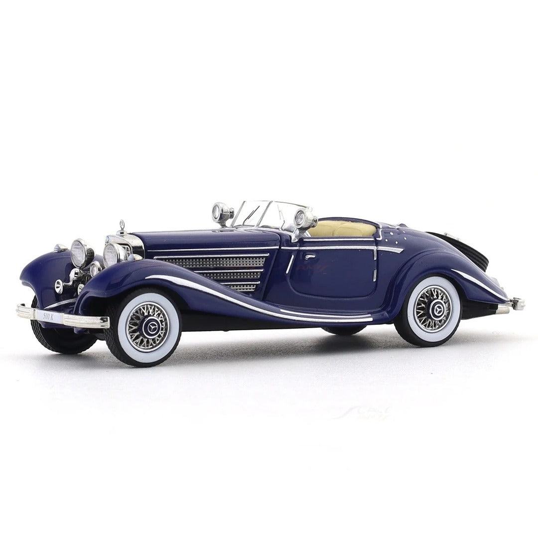 Liberty 64 1936 Mercedes-Benz 500 K Spezial Roadster diecast model car navy blue, side view showing whitewall tires