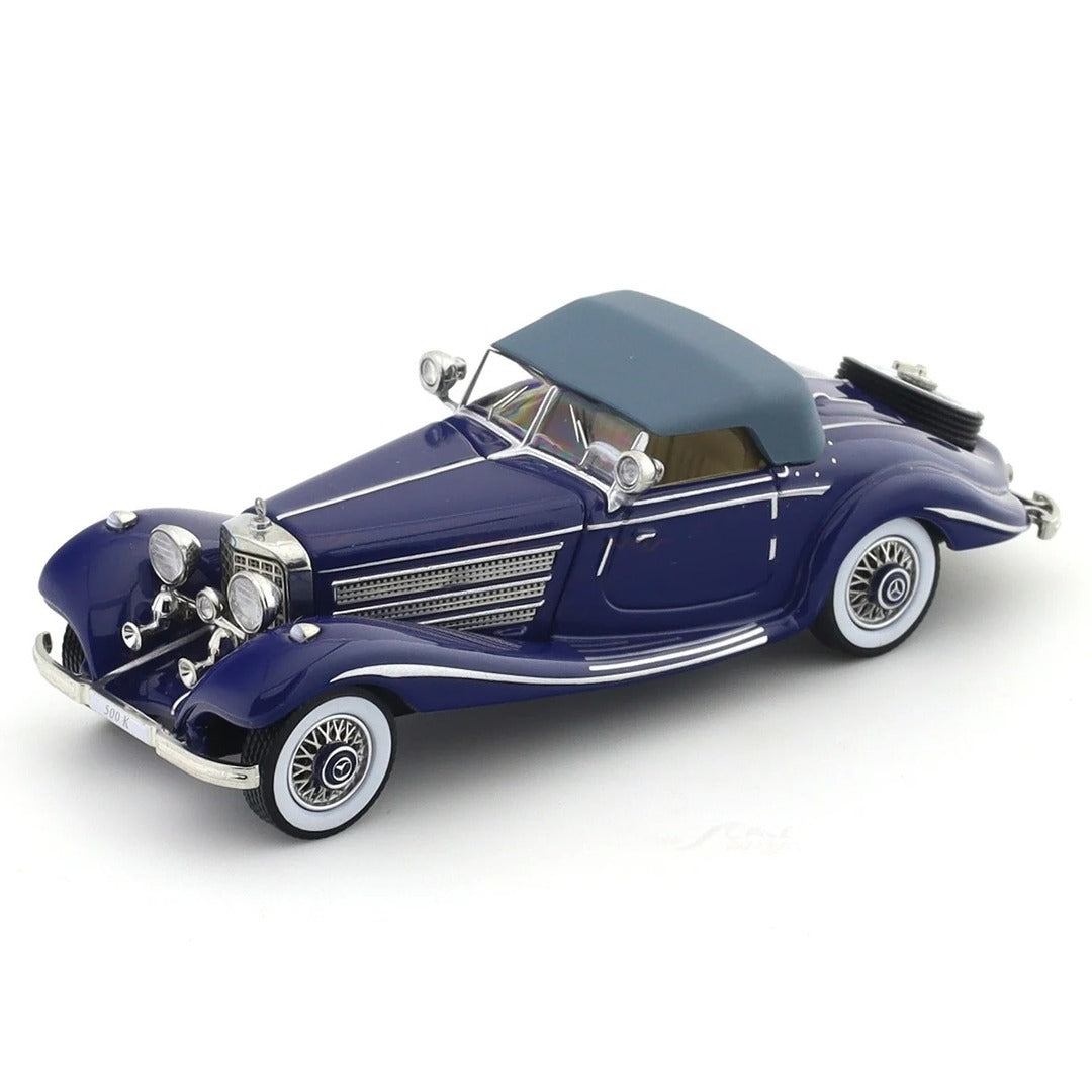 Liberty 64 1936 Mercedes-Benz 500 K Spezial Roadster diecast model car navy blue, soft top raised, three-quarter view