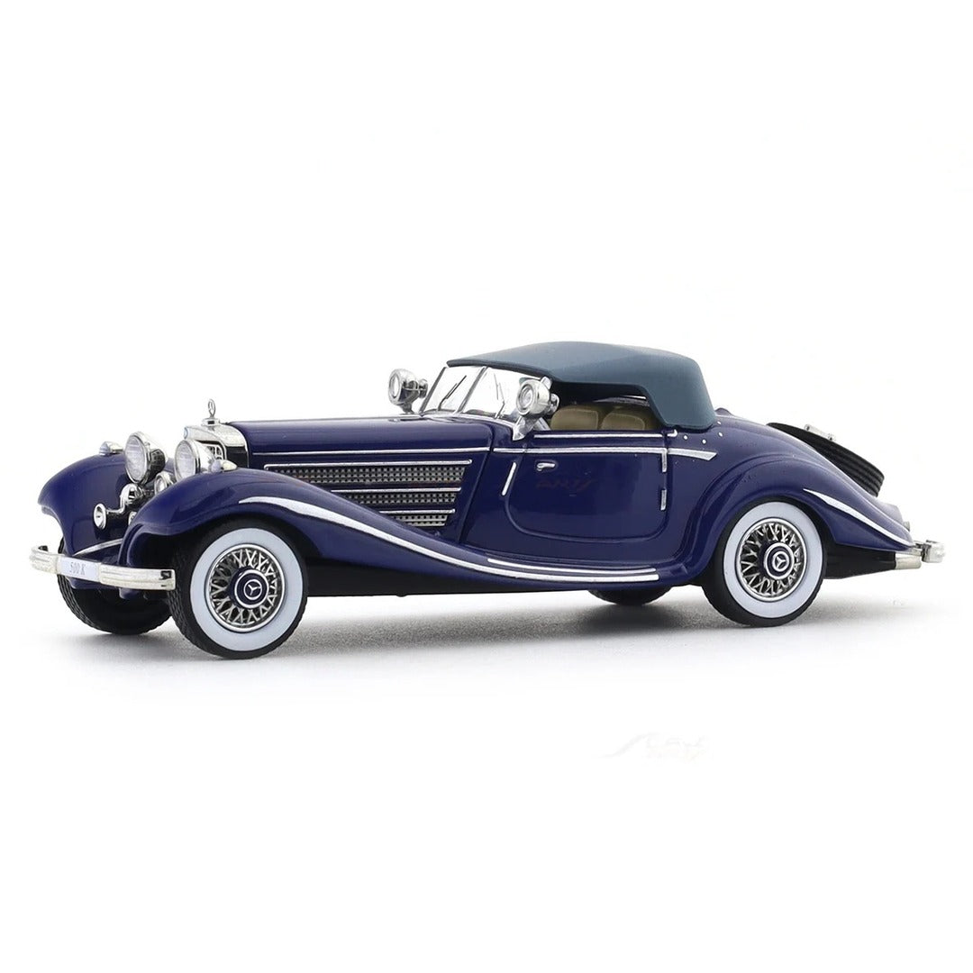 Liberty 64 1936 Mercedes-Benz 500 K Spezial Roadster diecast model car navy blue, soft top raised, side view