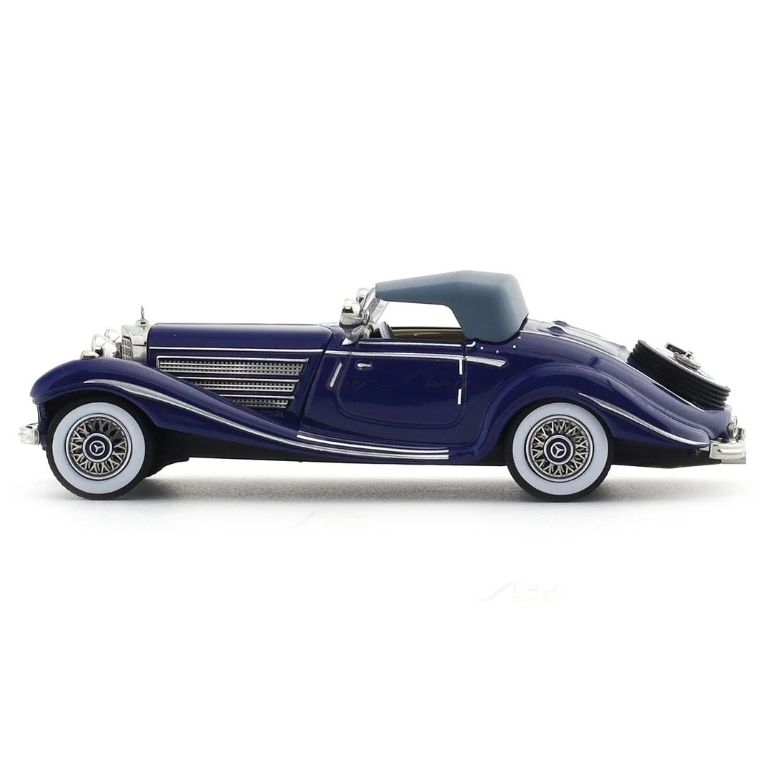 Liberty 64 1936 Mercedes-Benz 500 K Spezial Roadster diecast model car navy blue, soft top raised, profile view