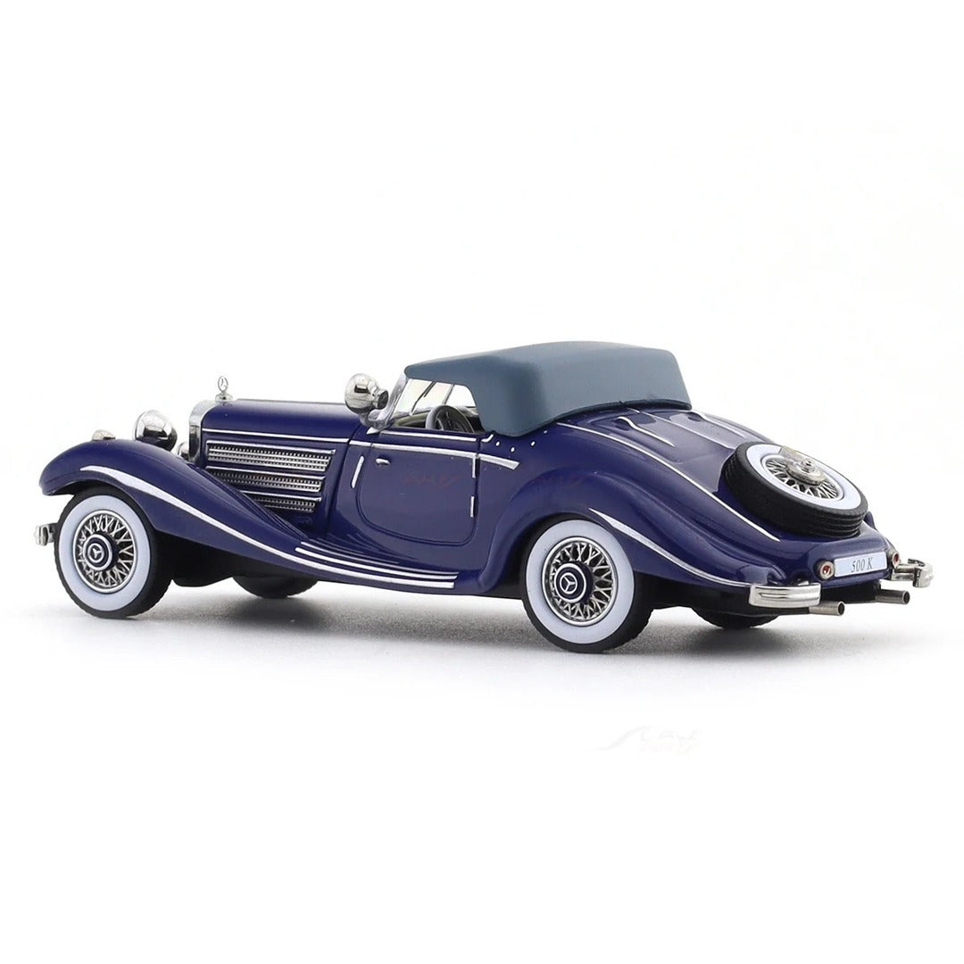Liberty 64 1936 Mercedes-Benz 500 K Spezial Roadster diecast model car navy blue, soft top raised, rear three-quarter view