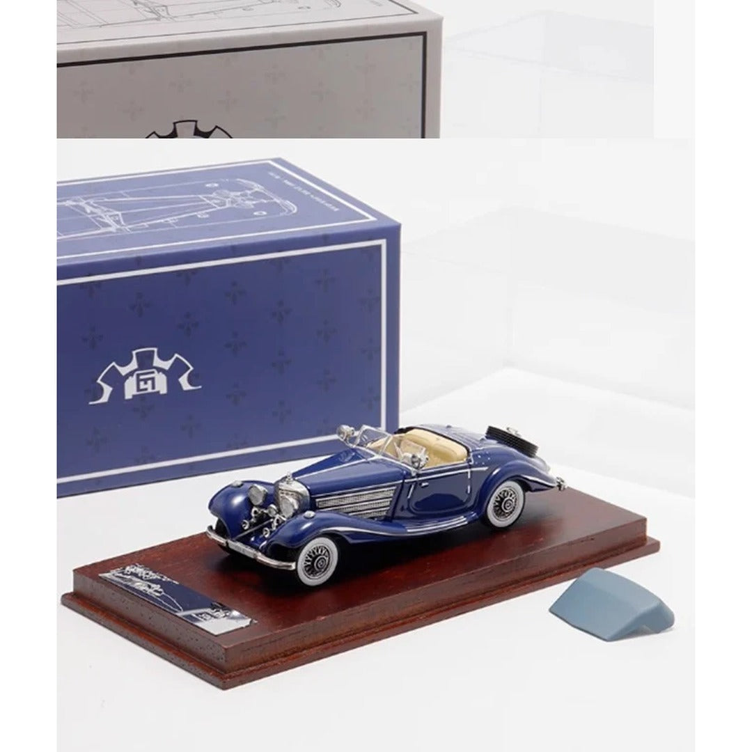 Liberty 64 1936 Mercedes-Benz 500 K Spezial Roadster diecast model car navy blue collector's presentation box with wooden display base