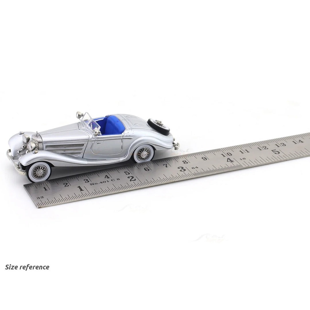 Liberty 64 1936 Mercedes-Benz 500 K Spezial Roadster diecast model car silver, size reference next to ruler