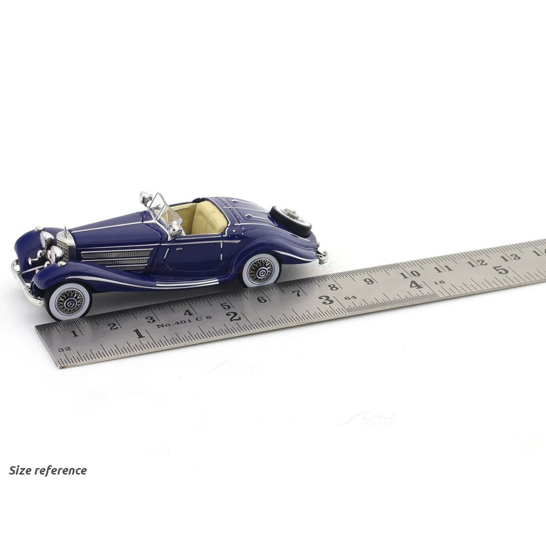 Liberty 64 1936 Mercedes-Benz 500 K Spezial Roadster diecast model car navy blue, size reference next to ruler