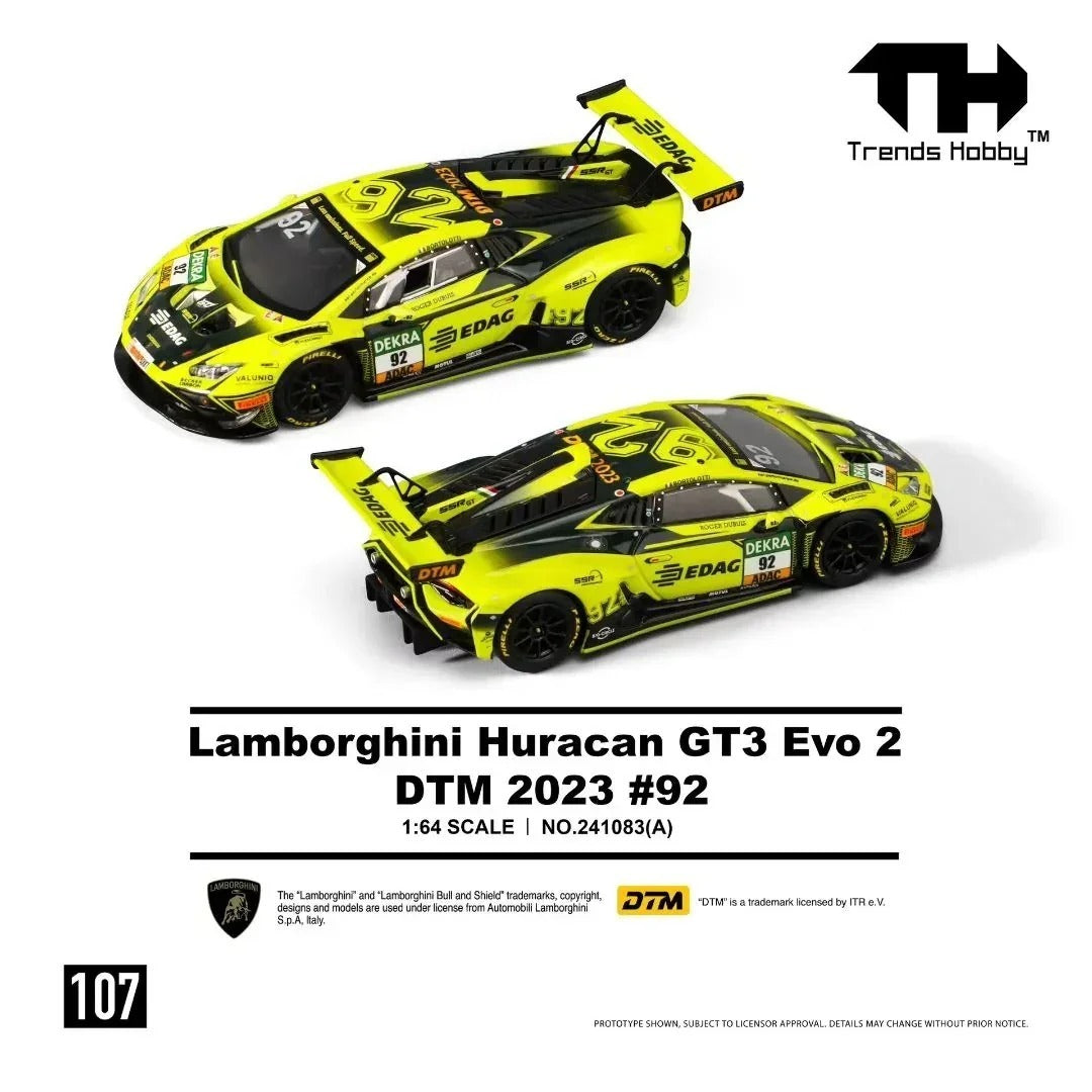 Trends Hobby Lamborghini Huracan GT3 EVO2 DTM 2023 #92 1:64 diecast model car, front and rear three-quarter views