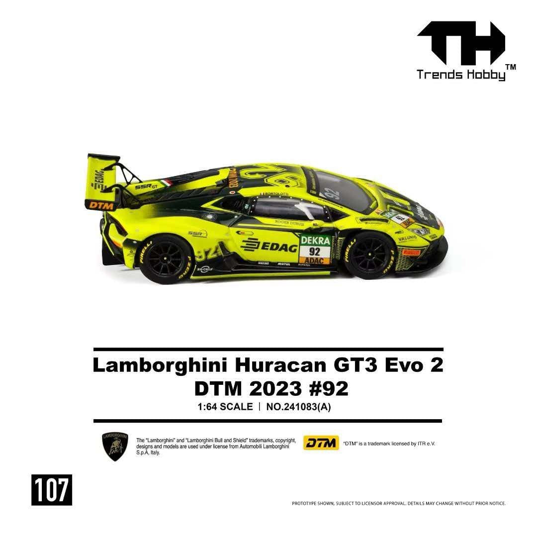 Trends Hobby Lamborghini Huracan GT3 EVO2 DTM 2023 #92 1:64 diecast model car, front three-quarter view