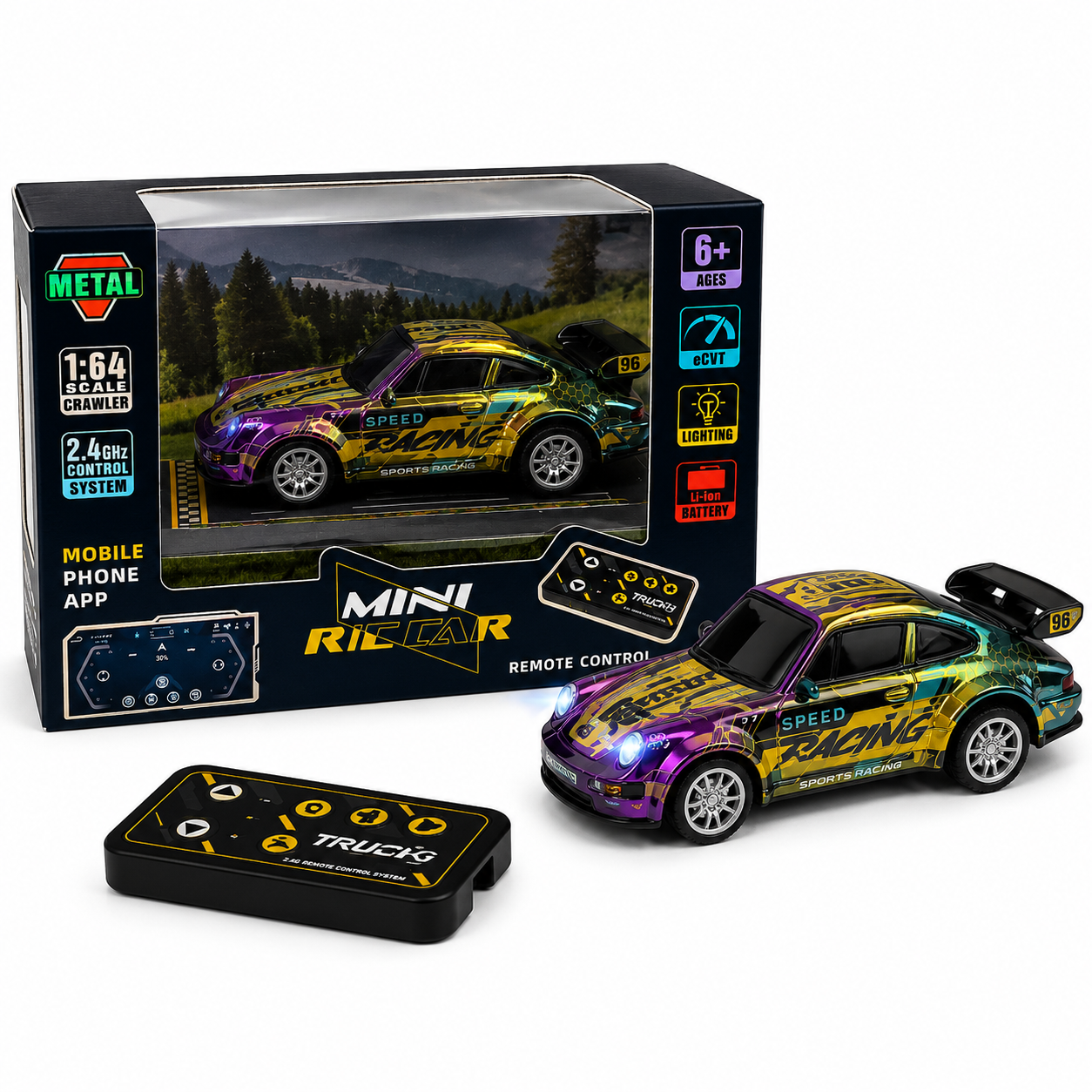 Trasped Porsche Style Mini Remote Control Racing Car with LED Lights, 2.4GHz Remote & App Control(Multi Color)